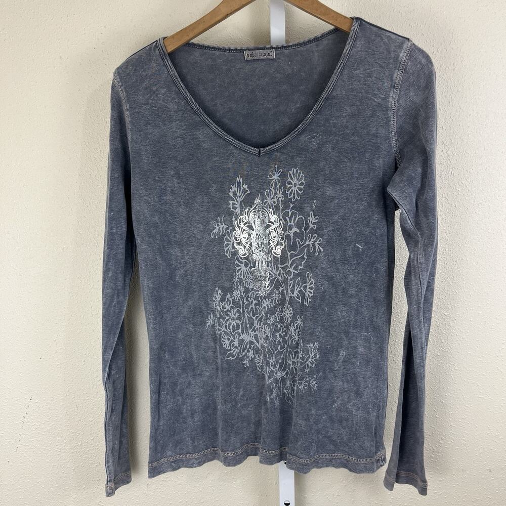 Xcit Y2K Long Sleeve Burnout Top Gray Floral Graphic Size XL Grunge Tattoo Boho